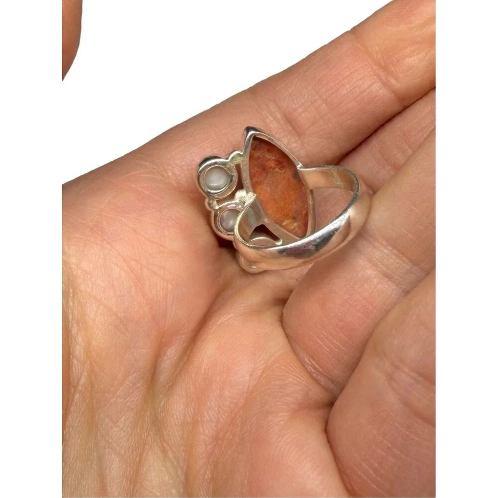 Orange Mohave Turquoise & Freshwater Pearl Ring Size 6 Solid 925 Sterling Silver